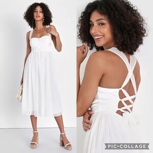 Lulu's White Chiffon Corset Lace Twirling For You Bustier Maxi Dress S